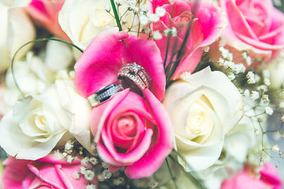 High angle view of pink rose bouquet