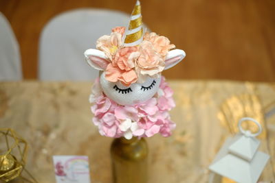 Close-up of pink cake on table