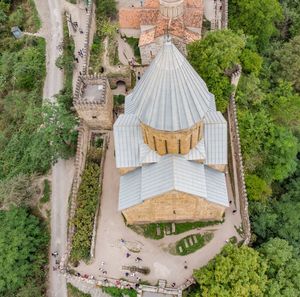 High angle view of traditional building against sky