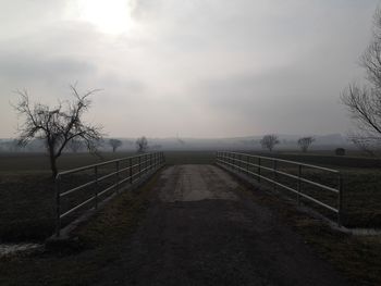 Road by trees against sky during winter