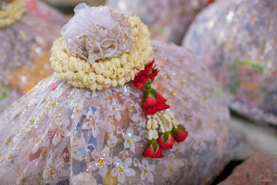 Close-up of flower bouquets on table during wedding ceremony