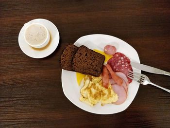 Directly above shot of breakfast served on table