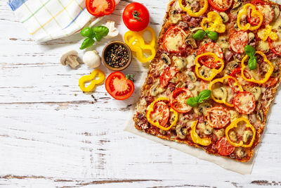 High angle view of pizza on table