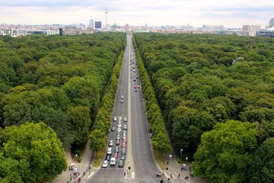 High angle view of road amidst the tiergarten against fernsehturm