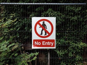 Information sign by fence against trees