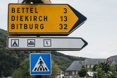 Low angle view of road sign against sky