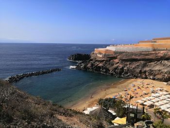 High angle view of beach against clear sky