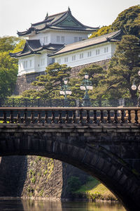 Arch bridge over river against buildings