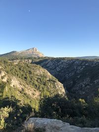 Scenic view of rocky mountains against clear blue sky