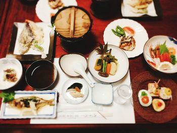 High angle view of meal served on table