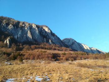 Scenic view of mountains against clear blue sky