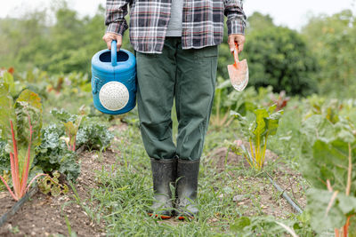 Low section of man standing in farm