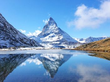 Scenic view of lake and mountains against sky