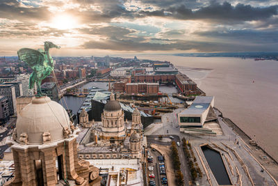 Aerial close up of the tower of the royal liver building in liverpool