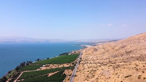 Scenic view of sea and mountains against sky