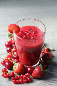 High angle view of fresh fruits smoothie