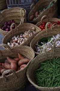 Various fruits in basket at market stall