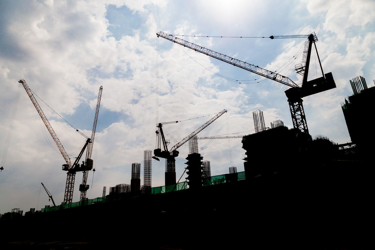 LOW ANGLE VIEW OF SILHOUETTE CRANE AGAINST SKY