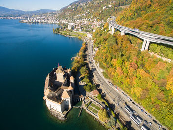 High angle view of river amidst buildings in city