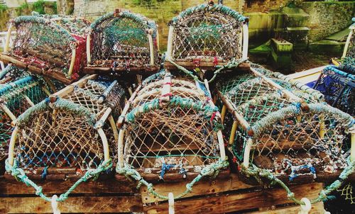 Stack of fishing net at market stall