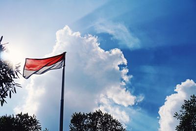 Low angle view of flags against sky