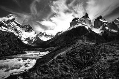 Scenic view of snowcapped mountains against sky