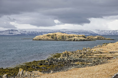 View from the island of flatey across breidafjordhur towards the mountains of the westfjords