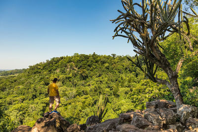 Rear view of man standing on rock against clear sky