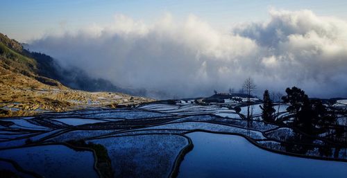 Panoramic view of lake and mountains against sky