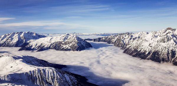 Scenic view of snowcapped mountains against sky