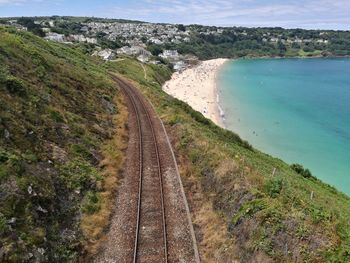 High angle view of railroad tracks by sea