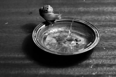High angle view of water in bowl on table