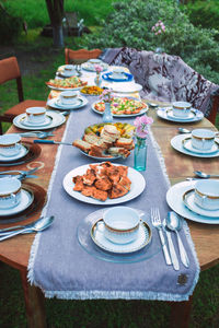 High angle view of meal served on table