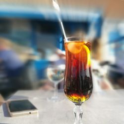 Close-up of beer bottle on table