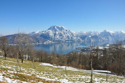 Scenic view of snowcapped mountains against clear sky