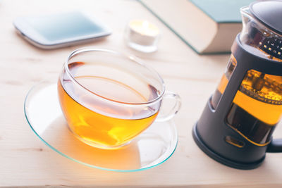 High angle view of drink on table