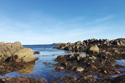 Scenic view of rocks in sea against blue sky