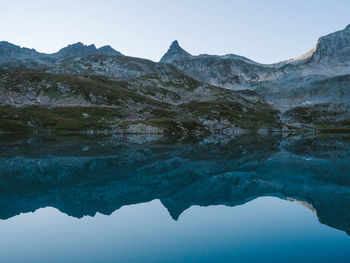 Scenic view of lake and mountains against clear sky