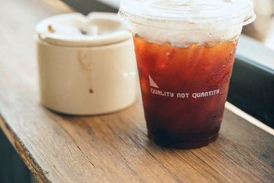 Close-up of drink in jar on table