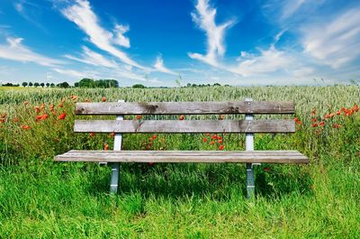 Empty bench on field against sky