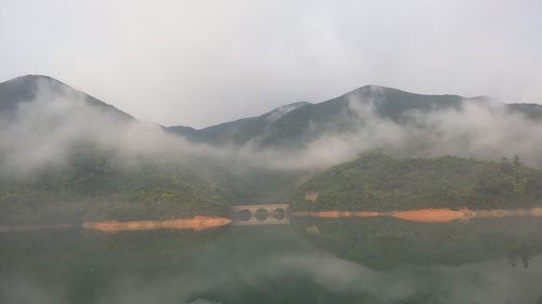 Scenic view of mountains in foggy weather