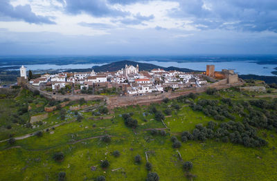 Monsaraz drone aerial view in alentejo at sunset, in portugal