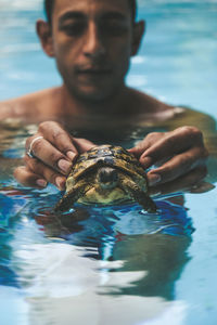 Mid adult man with turtle in swimming pool