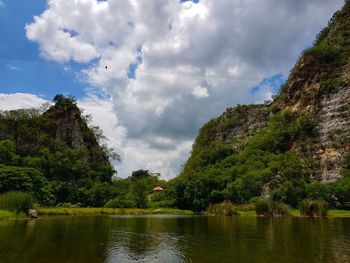 Scenic view of lake by trees against sky