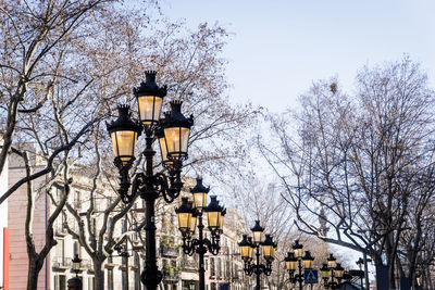 Low angle view of street lamps amidst bare trees against clear sky