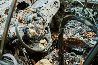 Burned car interior, close up vehicle fire. burned automobile, car fire. fire damaged motor vehicle