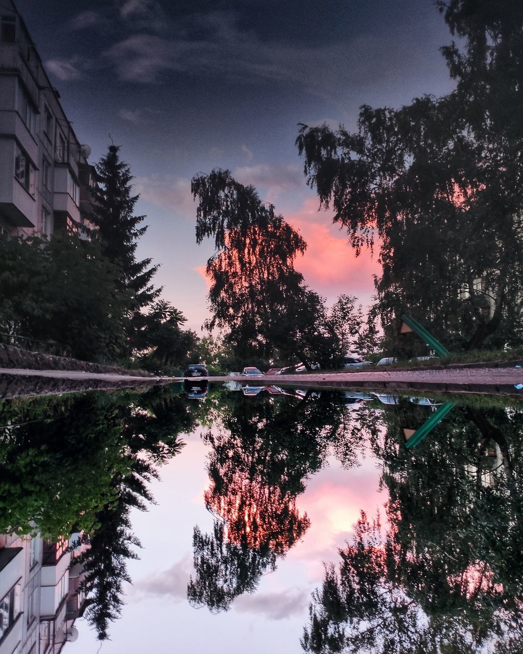 REFLECTION OF TREES IN LAKE AGAINST SKY