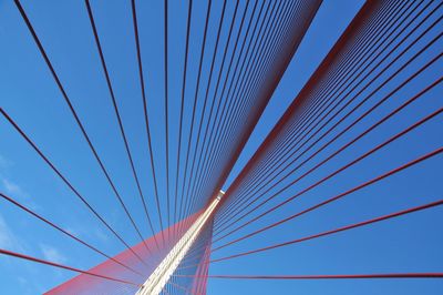 Low angle view of suspension bridge cables against blue sky