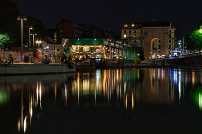 Colorful stunning milan dockyard, darsena di milano area during the night. long exposure photography