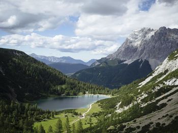 Scenic view of lake and mountains against sky